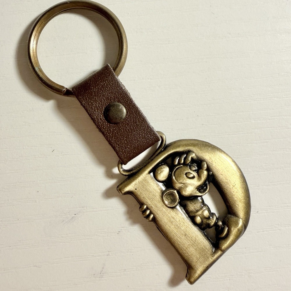 Vintage Disney Parks Mickey Letter D Keychain Brass & Leather Monogram Souvenir